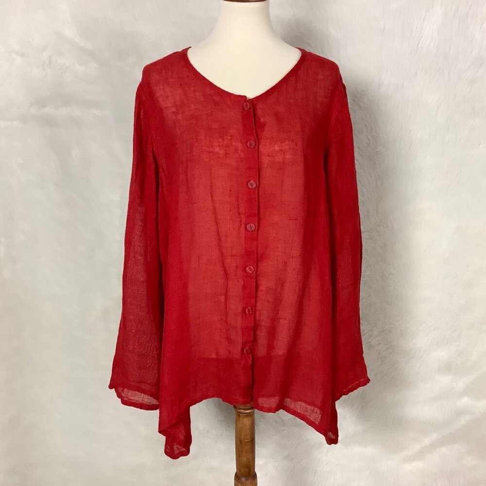 Flax Red Linen Long Sleeve Lightweight Button Front Jacket Top Cardigan M